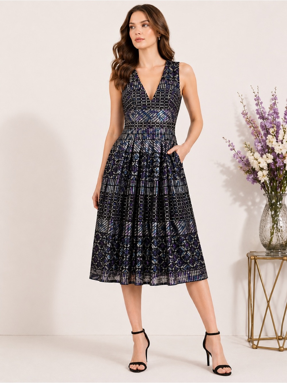 BCBGMAXAZRIA Metallic Embroidered Midi Dress ✨ Pleated V-Neck Cocktail Party XS